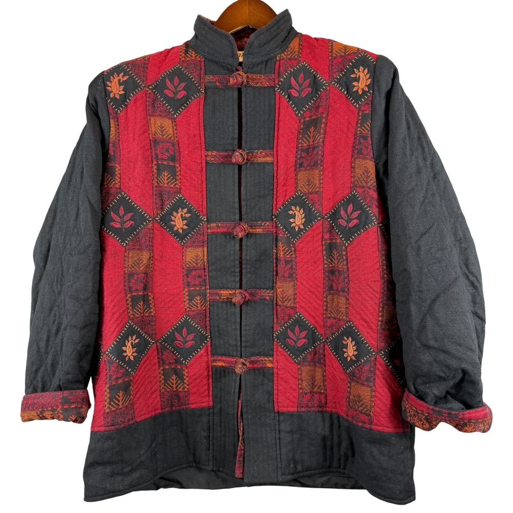 VINTAGE Anage Women's S Wool Quilted Jacket Red Black Orange Asian Frog Closure